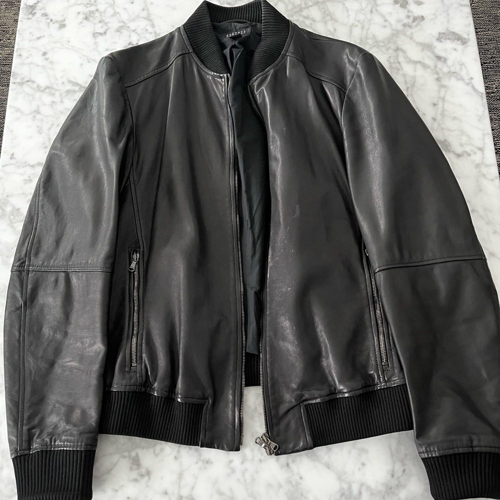 Barneys New York Black Leather Bomber Jacket